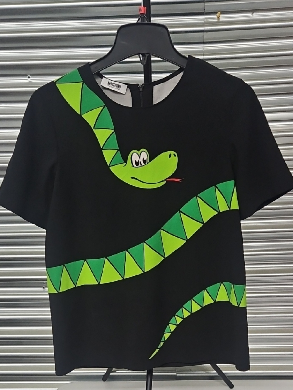 Moschino Black Tee with Bright Green Cartoon Snake Graphic
